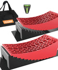 RV Leveling Blocks Kit for Dual Axle Travel Trailer With Ramp Chocks Rubber Mats Bubble Level and Carry Bag Heavy Duty HDPE Non Slip System Adjustable From One Half Inch To Four Inches In Minutes By OULEME