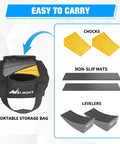 Image showing RV Leveling Blocks 2 Pack For Travel Trailers And Motorhomes By Nilight with accessories and storage bag.