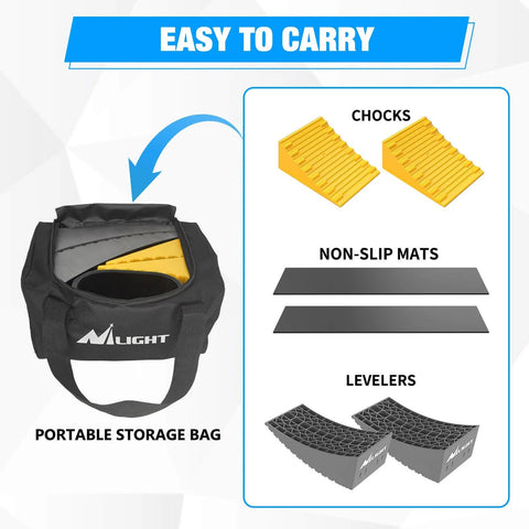 Image showing RV Leveling Blocks 2 Pack For Travel Trailers And Motorhomes By Nilight with accessories and storage bag.