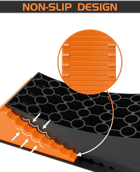 Close-up of Easy Faster Leveling RV Leveling Blocks Ramp Kit No Brainer For Campers showing non-slip orange and black design.