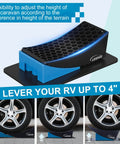 Sturdy 2 Pack RV Leveling Blocks Kit With Carrying Bag Anti Slip Mats And Bubble Level For Campers Trailers And SUVs Up To 35000 Lbs Heavy Duty Solid PP Construction Works With Tires Ready to Roll Up to 32 Inches, showing leveler with curved design and anti-slip mat under a tire.