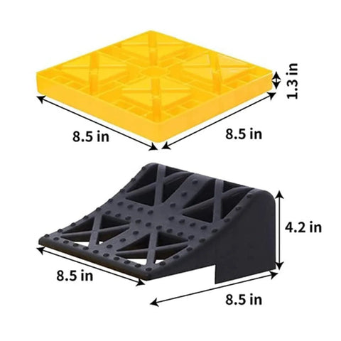 Interlocking Camper Leveling Blocks Kit With Anti Slip Ramps 10 Pack Includes One Wheel Chock And Handy Carrying Bag For Travel Trailer And RV No Slip Rock Solid Stabilization On Uneven Ground showing yellow block and black ramp dimensions