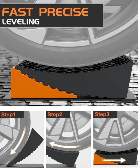Easy Faster Leveling RV Leveling Blocks Ramp Kit No Brainer For Campers 2 Pack Leveler System shown in use under tire