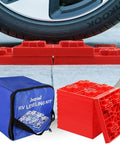 10 Pack Heavy Duty RV Leveling Blocks For Campers And Trailers Interlocking Levelers shown under tire with carrying case