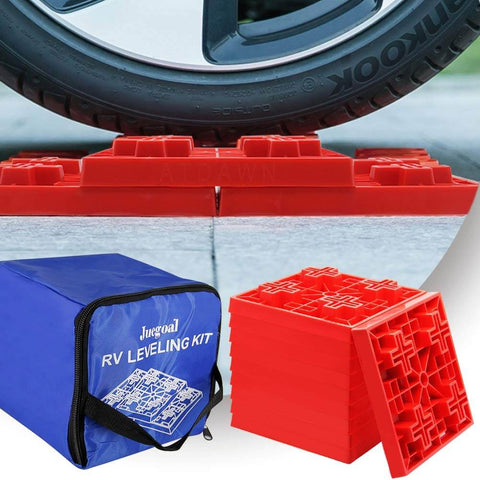 10 Pack Heavy Duty RV Leveling Blocks For Campers And Trailers Interlocking Levelers shown under tire with carrying case