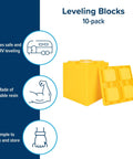 Interlocking RV Leveling Blocks With Storage Bag For Easy Camping Setup And Precise Stacking, Ten Pack, Each Block Adds One Inch Of Height, Heavy Duty Stabilizers For Trailers And Campers, Sized 8.5 By 8.5 By 1 Inches, shown stacked with one block angled.