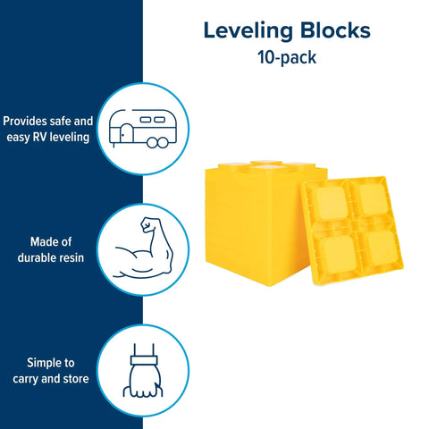 Interlocking RV Leveling Blocks With Storage Bag For Easy Camping Setup And Precise Stacking, Ten Pack, Each Block Adds One Inch Of Height, Heavy Duty Stabilizers For Trailers And Campers, Sized 8.5 By 8.5 By 1 Inches, shown stacked with one block angled.