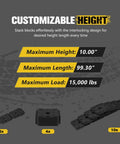 3 In 1 RV Leveling Blocks Set For Camper And Trailer Stackable Jack Blocks Interlocking Recovery Boards And Wheel Stabilizers 10 Pack With Carry Bag Black showing customizable height and load capacity.