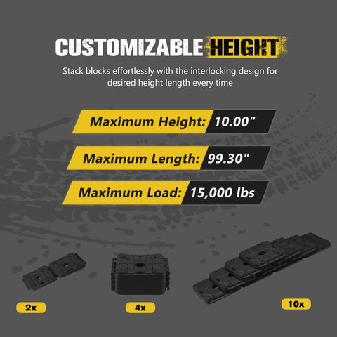 3 In 1 RV Leveling Blocks Set For Camper And Trailer Stackable Jack Blocks Interlocking Recovery Boards And Wheel Stabilizers 10 Pack With Carry Bag Black showing customizable height and load capacity.