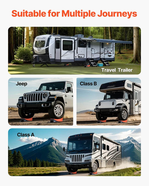 Heavy Duty RV Leveling Blocks Set For Campers And Trailers 2 Pack Up To 8818.5 Lbs Support 4 Inch Max Height Curved Design With Anti Slip Mat Carrying Bag And Wheel Chocks Dual Axle Ready Stable On Uneven Ground suitable for different vehicles including travel trailer, jeep, Class B and Class A motorhome