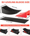 Diagram of RV Leveling Blocks Ramp Kit 2 Pack, showing curved levelers, chocks, mats, and size dimensions.