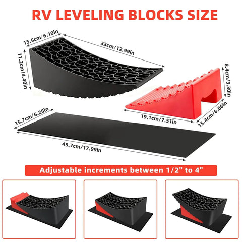Diagram of RV Leveling Blocks Ramp Kit 2 Pack, showing curved levelers, chocks, mats, and size dimensions.