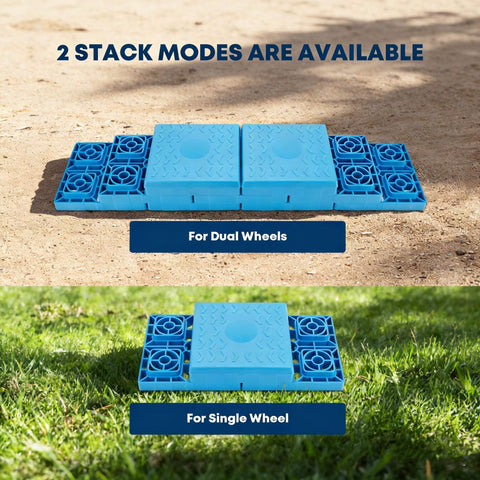 Heavy Duty RV Leveling Blocks 12 Pack With Storage Bag Stackable Interlocking Blocks For Single And Dual Wheels on grass