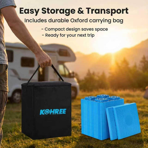 Person holding storage bag next to blue heavy duty RV leveling blocks 12 pack with storage bag stackable interlocking blocks for single and dual wheels stabilizer jack travel trailer accessories Kohree