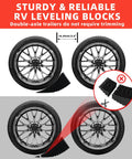 Diagram showing RV Leveling Blocks Ramp Kit 2 Pack Heavy Duty Camper Leveler Chocks Kit With 35,000 Lbs Capacity under wheels.