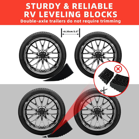 Diagram showing RV Leveling Blocks Ramp Kit 2 Pack Heavy Duty Camper Leveler Chocks Kit With 35,000 Lbs Capacity under wheels.