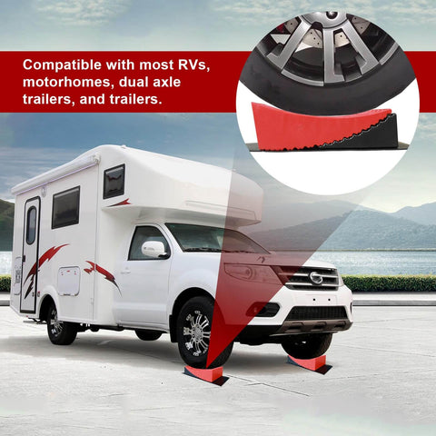 RV Leveling Blocks Two Pack System With Two Chocks And Anti Slip Mats elevating a camper on pavement near lake