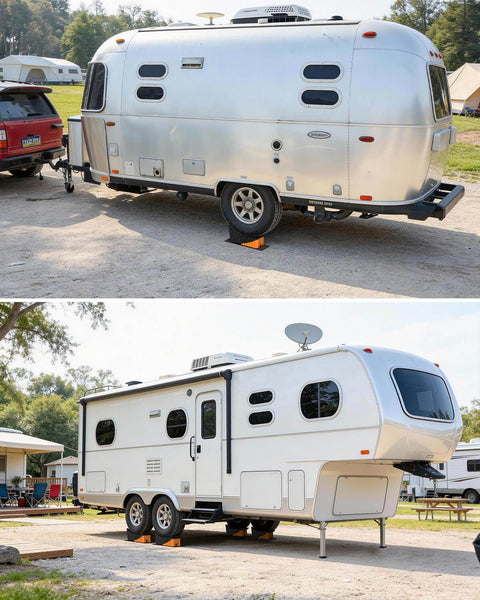 Heavy Duty RV Leveling Blocks Five Inch For Trailers Up To Fifty Thousand Pounds With Curved Camper Levelers Anti Slip Joint System Wheel Chocks Rubber Mats And Carry Bag Orange used on two RVs in a campsite.