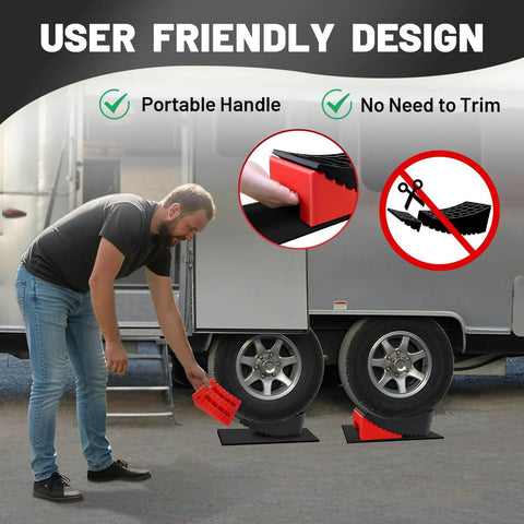 Heavy Duty RV Leveling Blocks for Travel Trailers With Anti Slip Mats and Chocks, 2 Pack Includes Carry Bag, 4 Inch Max Leveling Height, Works Up To 35000 Lbs GVW, Red by ROBLOCK shown in use under trailer tires.