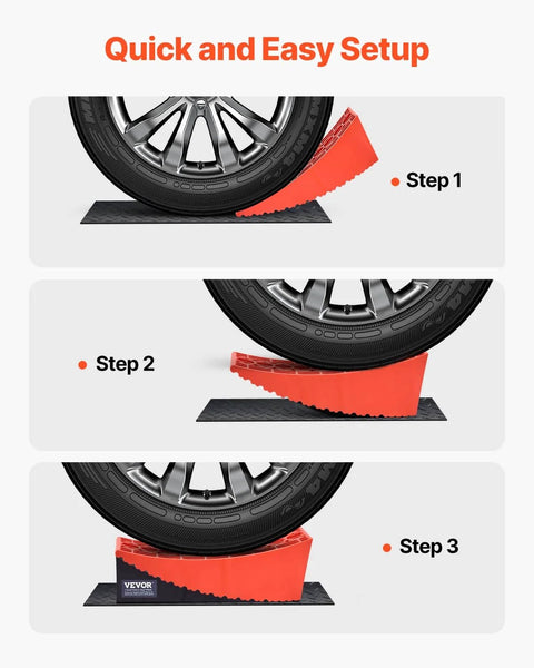 Heavy Duty RV Leveling Blocks Set For Campers And Trailers 2 Pack Up To 8818.5 Lbs Support 4 Inch Max Height Curved Design With Anti Slip Mat Carrying Bag And Wheel Chocks Dual Axle Ready Stable On Uneven Ground showing installation steps with orange blocks under wheel