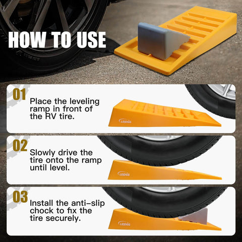 Heavy Duty RV Leveling Blocks Set For Travel Trailers And Campers With Storage Bag Adjustable Up To 3 Inches And Supports Up To 10000 Lbs 2 Pack Leidgg showing installation steps