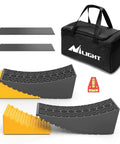 RV Leveling Blocks 2 Pack For Travel Trailers And Motorhomes By Nilight shown with carrying bag, black surface strips, yellow ramp blocks.