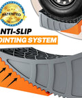 Close-up of Fast And Easy RV Leveling Kit with 6 inch leveler, anti-slip jointing system, wheel chock, rubber mat for trailers