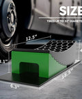 8 Piece RV Camper Leveling Kit With Curved Levelers, Wheel Chocks, And Rubber Grip Mats In Storage Bag For Easy Half Inch To Four Inch Elevation, Heavy Duty Polyethylene Blocks For Trailers Up To 35,000 Lbs side view with product dimensions