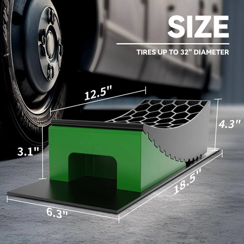 8 Piece RV Camper Leveling Kit With Curved Levelers, Wheel Chocks, And Rubber Grip Mats In Storage Bag For Easy Half Inch To Four Inch Elevation, Heavy Duty Polyethylene Blocks For Trailers Up To 35,000 Lbs side view with product dimensions