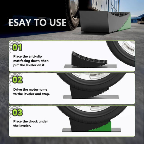 Steps to use 8 Piece RV Camper Leveling Kit With Curved Levelers, Wheel Chocks, And Rubber Grip Mats shown on RV tire
