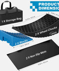 Sturdy 2 Pack RV Leveling Blocks Kit With Carrying Bag Anti Slip Mats And Bubble Level For Campers Trailers And SUVs Up To 35000 Lbs Heavy Duty Solid PP Construction Works With Tires Ready to Roll Up to 32 Inches; showing storage bag, wheel chocks, blocks, and non-slip mats.