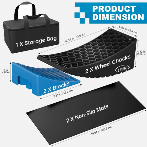 Sturdy 2 Pack RV Leveling Blocks Kit With Carrying Bag Anti Slip Mats And Bubble Level For Campers Trailers And SUVs Up To 35000 Lbs Heavy Duty Solid PP Construction Works With Tires Ready to Roll Up to 32 Inches; showing storage bag, wheel chocks, blocks, and non-slip mats.