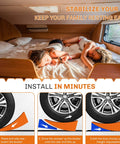 Heavy Duty RV Leveling Blocks Kit For Camper With Anti Slip Mats Two Pack Curved Design Up To 35000 Lbs For Travel Trailer Easier And Faster Leveling Today, installation steps displayed with family resting inside RV