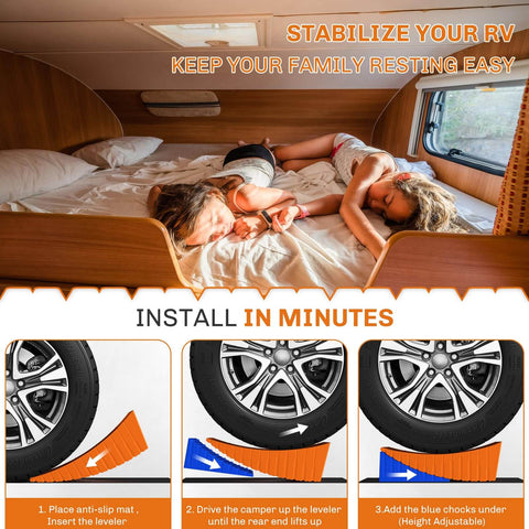 Heavy Duty RV Leveling Blocks Kit For Camper With Anti Slip Mats Two Pack Curved Design Up To 35000 Lbs For Travel Trailer Easier And Faster Leveling Today, installation steps displayed with family resting inside RV