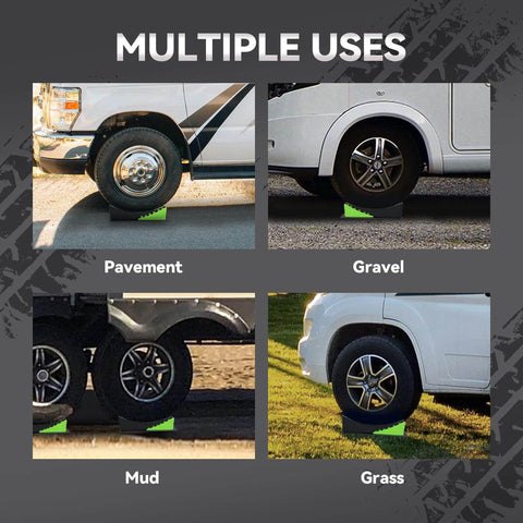 8 Piece RV Camper Leveling Kit With Curved Levelers, Wheel Chocks, And Rubber Grip Mats on various terrains