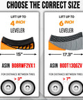 Fast And Easy RV Leveling Kit With 6 Inch Levelers and wheel chocks size guide showing ASINs B08RWF2VX1 and B0DT13QGZV