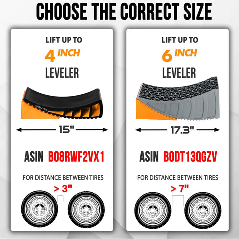 Fast And Easy RV Leveling Kit With 6 Inch Levelers and wheel chocks size guide showing ASINs B08RWF2VX1 and B0DT13QGZV