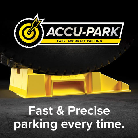 FasTen Premium RV Leveling Ramp Set with Handle showing AccuPark feature under tire for precise parking
