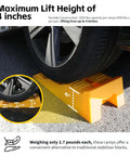 Three Step RV Leveling Ramps Set Of Two For Camper And Trailer In Bright Yellow Terrain Leveler For Stable Parking On Uneven Ground Easy Drive On With Gradual Increments Includes Wheel Chocks, showing maximum lift height of 4 inches while supporting a tire.