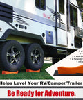 2 Pack RV Leveling Ramps Kit with Anti Slip Camper Levelers and Dual Axle Trailer Wheel Chocks on camper