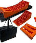 2 Pack RV Leveling Ramps Kit With Anti Slip Camper Levelers For Soft And Uneven Terrain By SecurityMan, shown with carry bag and chocks