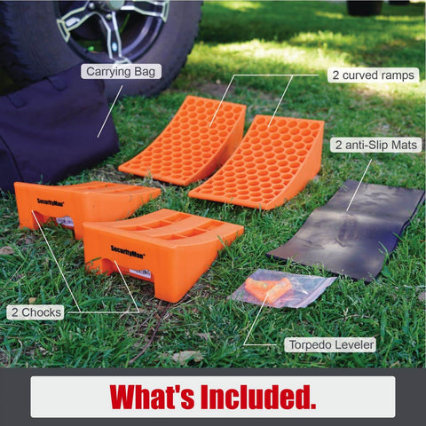 2 Pack RV Leveling Ramps Kit With Anti Slip Camper Levelers For Soft And Uneven Terrain By SecurityMan, showing components