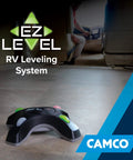 EZ Camper RV Leveling System With Dual Axis Quick Leveling For Both Axes At Once on RV floor, Camco branding visible