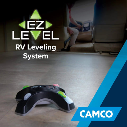 EZ Camper RV Leveling System With Dual Axis Quick Leveling For Both Axes At Once on RV floor, Camco branding visible