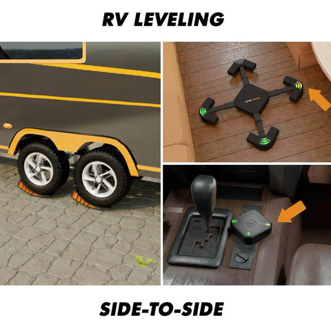 Level Wizard Wireless RV Leveling System Upgraded 2025 With Extensible Legs For Accurate Leveling shown installed on RV