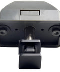 Bottom view of black push-button RV cabinet lock with zinc-alloy latch and mounting studs