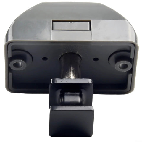 Bottom view of black push-button RV cabinet lock with zinc-alloy latch and mounting studs