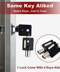 Keep your RV storage secure on the road with this five pack of 1 1/8 inch locks, keyed alike for convenience, includes six keys and easy manual, perfect for camper compartments, cabinets and drawers with reliable security showing a lock with two black keys inserted.