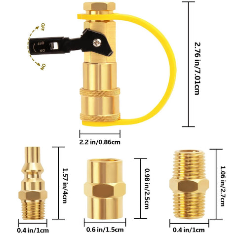 Easy Hookup RV Propane Quick Connect Adapter Kit With Shutoff Valve And Full Flow Plug One Quarter Inch NPT Male To One Quarter Inch NPT Female Brass Pipe Coupler NPT Hex Nipple Ideal For RV Trailer Camper And BBQ Gas Hose components shown
