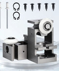 RV Schwintek Bearing Block Kit for In Wall Slide Outs with upper and lower aluminum blocks and V roller rivets, front view.